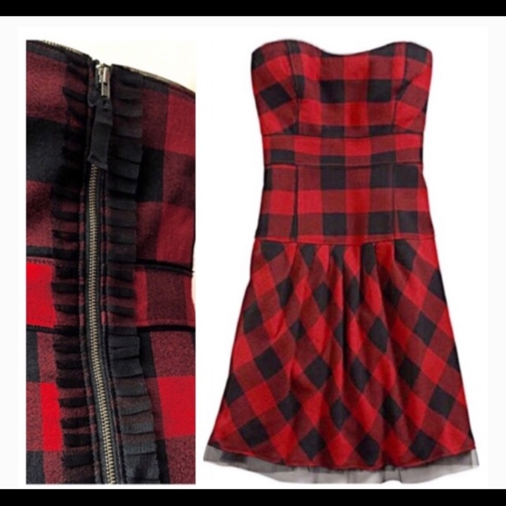 Strapless Red and Black Plaid Fit-and-Flare Dress